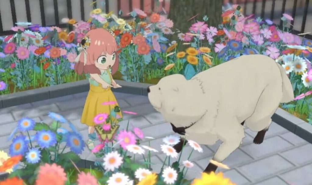 Anya admirando una mariposa con Bond.