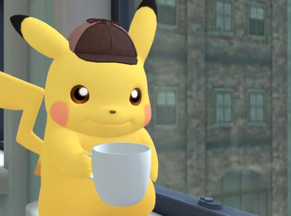 Detective Pikachu disfrutando de un café por la mañana.